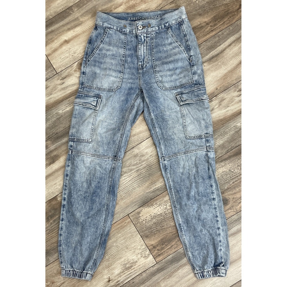 American Eagle Cargo Joggers Pants Women‎ 00R Light Wash Denim Y2K Streetwear